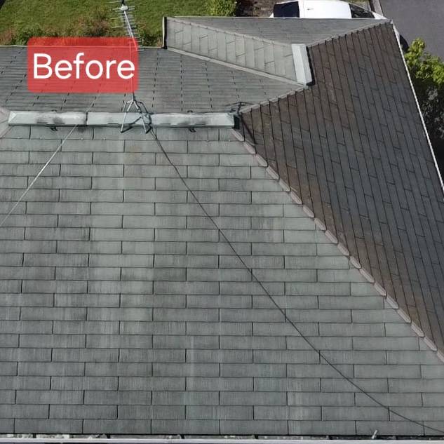 香川県愛媛県でのジンカリウム鋼板の完成後の屋根全景・ビフォーアフター