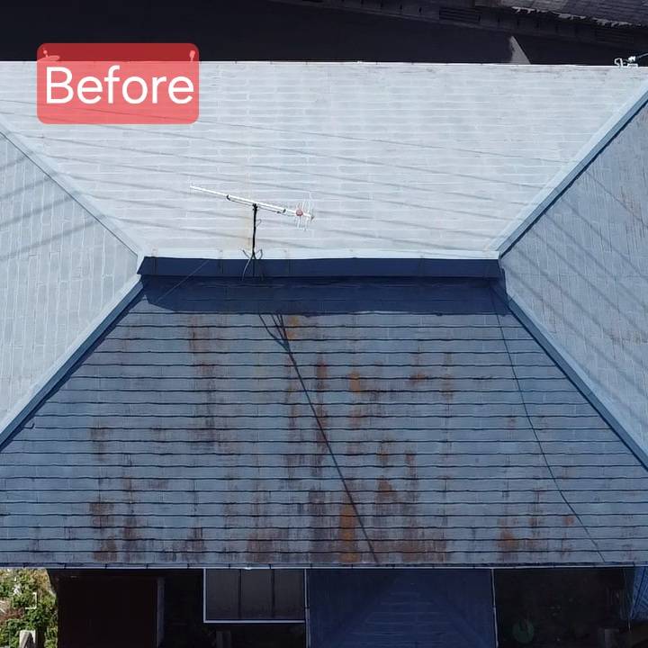 香川県愛媛県でのジンカリウム鋼板の完成後の屋根全景・ビフォーアフター